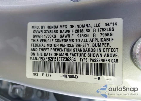 2014 Honda Civic Lx z USA, uszkodzony, nr VIN 19XFB2F51EE236254